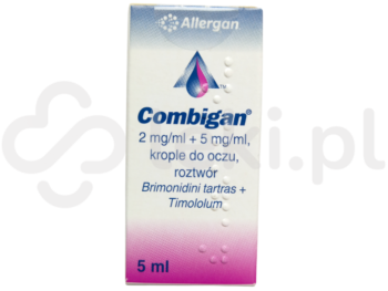 Zdjęcie przedstawia lek dostępny na receptę Combigan, krople do oczu, (2 mg + 5 mg)/ml.