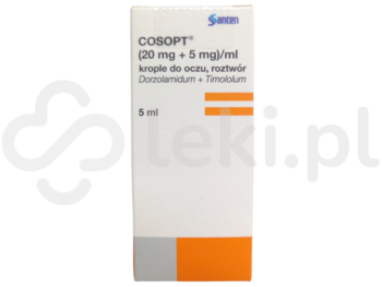 Zdjęcie przedstawia lek dostępny na receptę Cosopt, krople do oczu, (20 mg + 5 mg)/ml.