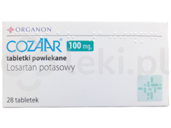 Zdjęcie przedstawia lek dostępny na receptę Cozaar, tabletki powlekane, 100 mg.
