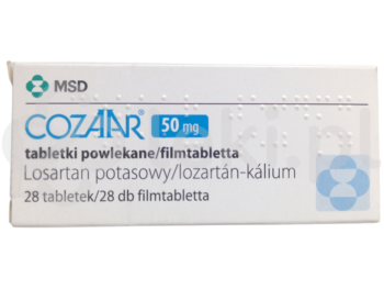 Zdjęcie przedstawia lek dostępny na receptę Cozaar, tabletki powlekane, 50 mg.