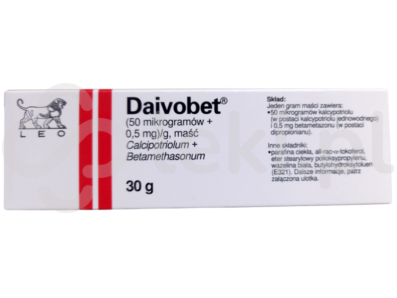 Zdjęcie przedstawia lek dostępny na receptę Daivobet, maść, (50 µg + 0,5 mg)/g.