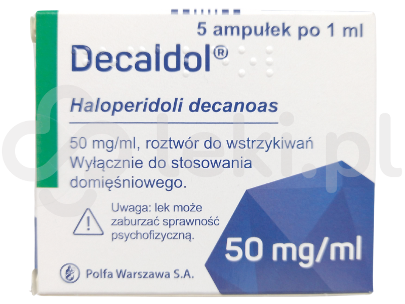 Zdjęcie przedstawia lek dostępny na receptę Decaldol, roztwór do wstrzykiwań, 50 mg/ml.