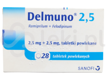 Zdjęcie przedstawia lek dostępny na receptę Delmuno, tabletki powlekane, 2,5 mg + 2,5 mg.
