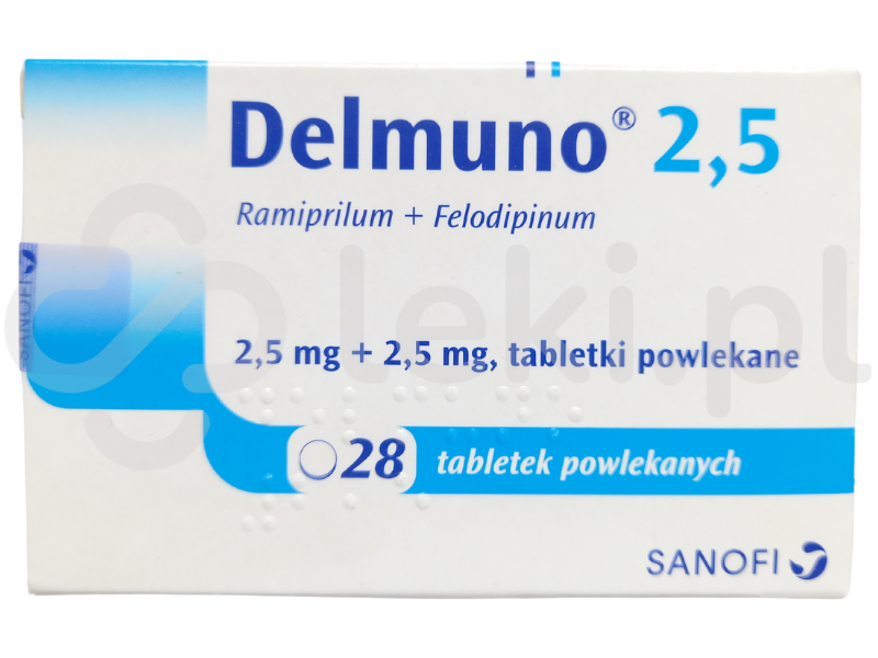 Zdjęcie przedstawia lek dostępny na receptę Delmuno, tabletki powlekane, 2,5 mg + 2,5 mg.