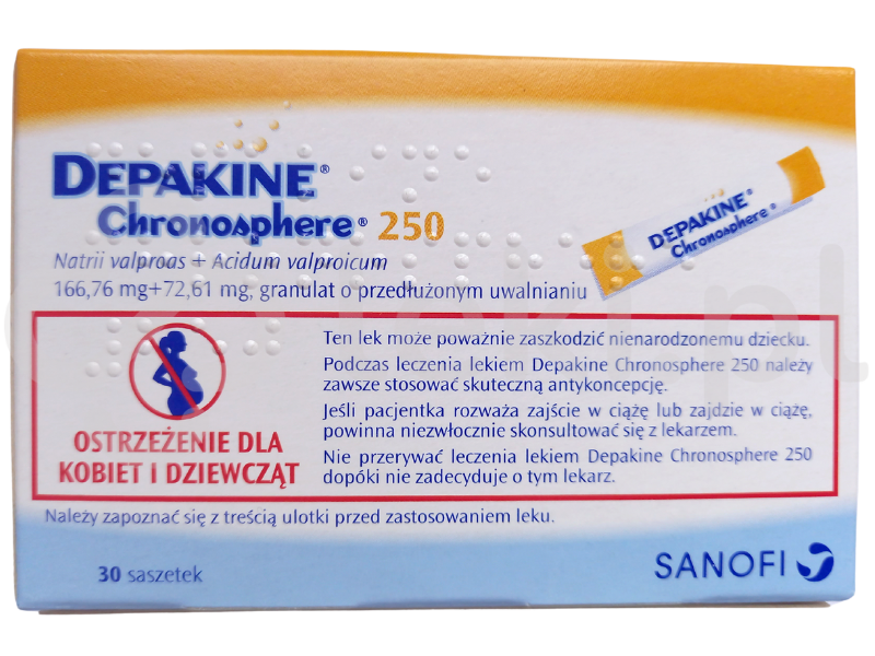 Zdjęcie przedstawia lek dostępny na receptę Depakine Chronosphere 250, granulat o przedłużonym uwalnianiu, 72,61 mg + 166,76 mg.