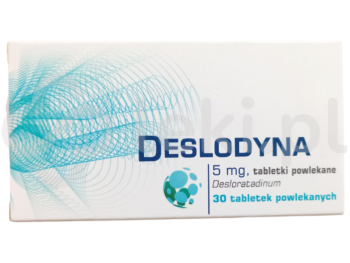Zdjęcie przedstawia lek dostępny na receptę Deslodyna, tabletki powlekane, 5 mg.