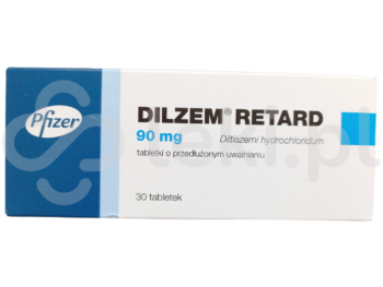Zdjęcie przedstawia lek dostępny na receptę Dilzem retard, tabletki o przedłużonym uwalnianiu, 90 mg.