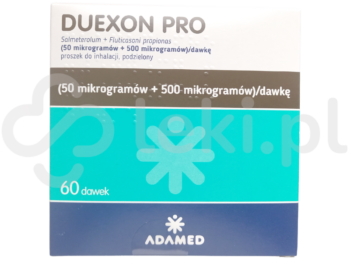 Zdjęcie przedstawia lek dostępny na receptę Duexon Pro, proszek do inhalacji, (500 µg + 50 µg)/dawkę.