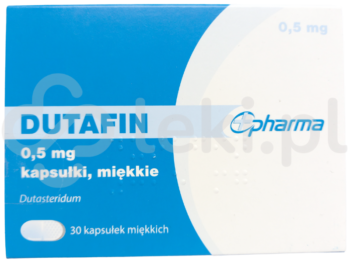 Zdjęcie przedstawia lek dostępy na receptę Dutafin, kapsułki miękkie, 0,5 mg.
