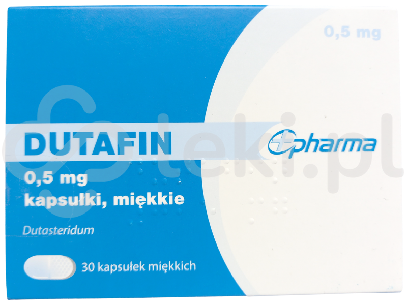 Zdjęcie przedstawia lek dostępy na receptę Dutafin, kapsułki miękkie, 0,5 mg.