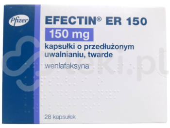Zdjęcie przedstawia lek dostępy na receptę Efectin ER 150, kapsułki o przedłużonym uwalnianiu, twarde, 150 mg.