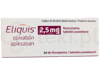 Zdjęcie przedstawia lek dostępy na receptę Eliquis, tabletki powlekane, 2,5 mg.