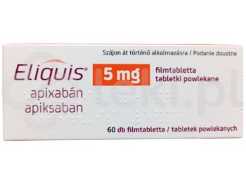 Zdjęcie przedstawia lek dostępy na receptę Eliquis, tabletki powlekane, 5 mg.