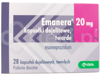 Zdjęcie przedstawia lek dostępy na receptę Emanera, kapsułki dojelitowe twarde, 20 mg.
