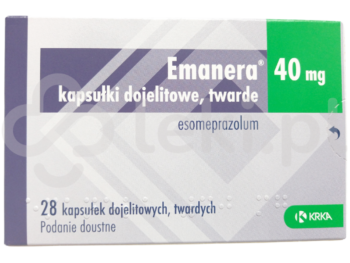 Zdjęcie przedstawia lek dostępy na receptę Emanera, kapsułki dojelitowe twarde, 40 mg.