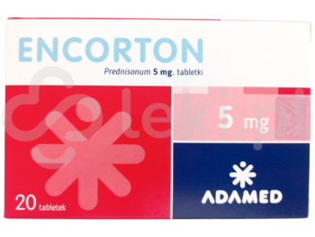 Zdjęcie przedstawia lek dostępy na receptę Encorton, tabletki, 5 mg.