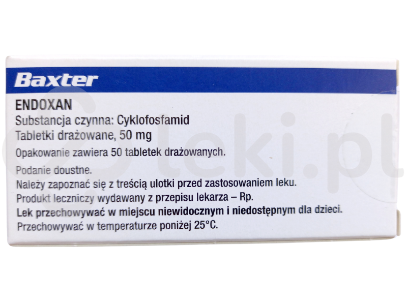 Zdjęcie przedstawia lek dostępy na receptę Endoxan, tabletki drażowane, 50 mg.
