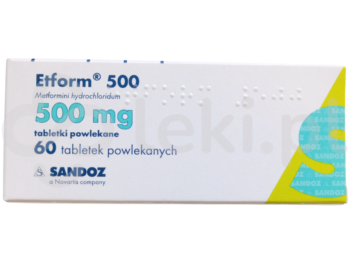 Zdjęcie przedstawia lek dostępy na receptę Etform 500, tabletki powlekane, 500 mg.