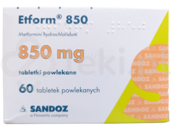 Zdjęcie przedstawia lek dostępy na receptę Etform 850, tabletki powlekane, 850 mg.