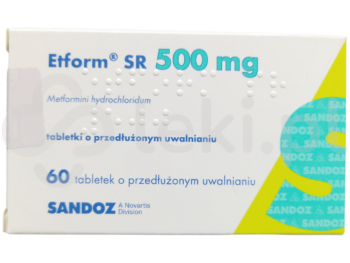 Zdjęcie przedstawia lek dostępy na receptę Etform SR, tabletki o przedłużonym uwalnianiu, 500 mg.