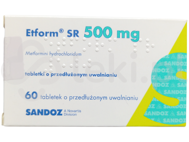 Zdjęcie przedstawia lek dostępy na receptę Etform SR, tabletki o przedłużonym uwalnianiu, 500 mg.