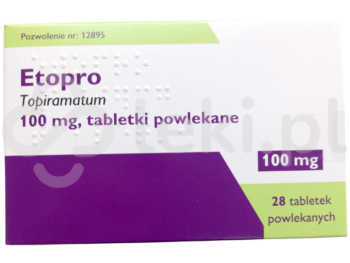 Zdjęcie przedstawia lek dostępy na receptę Etopro, tabletki powlekane, 100 mg.