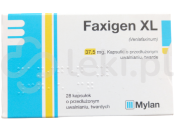 Zdjęcie przedstawia lek dostępy na receptę Faxigen XL, kapsułki o przedłużonym uwalnianiu, 37,5 mg.