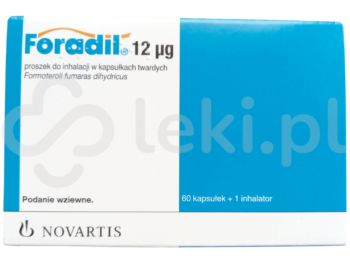Zdjęcie przedstawia lek dostępy na receptę Foradil, proszek do inhalacji w kapsułki twardych, 12 µg.
