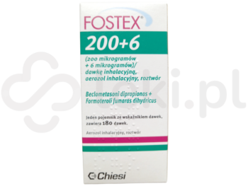 Zdjęcie przedstawia lek dostępy na receptę Fostex, aerozol inhalacyjny, roztwór, (200 µg + 6 µg)/dawkę.