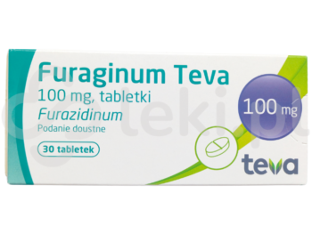 Zdjęcie przedstawia lek dostępy na receptę Furaginum Teva, tabletki, 100 mg.