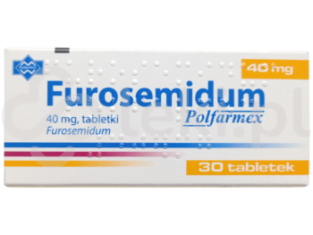 Zdjęcie przedstawia lek dostępy na receptę Furosemidum Polfarmex, tabletki, 40 mg.