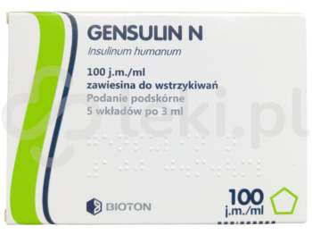 Zdjęcie przedstawia lek dostępy na receptę Gensulin N, zawiesina do wstrzykiwań, 100 j.m./ml.
