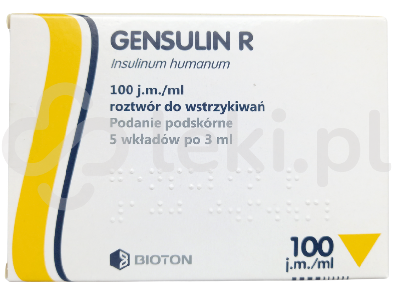 Zdjęcie przedstawia lek dostępy na receptę Gensulin R, roztwór do wstrzykiwań, 100 j.m./ml.