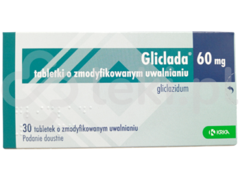 Zdjęcie przedstawia lek dostępy na receptę Gliclada, tabletki o zmodyfikowanym uwalnianiu, 60 mg.