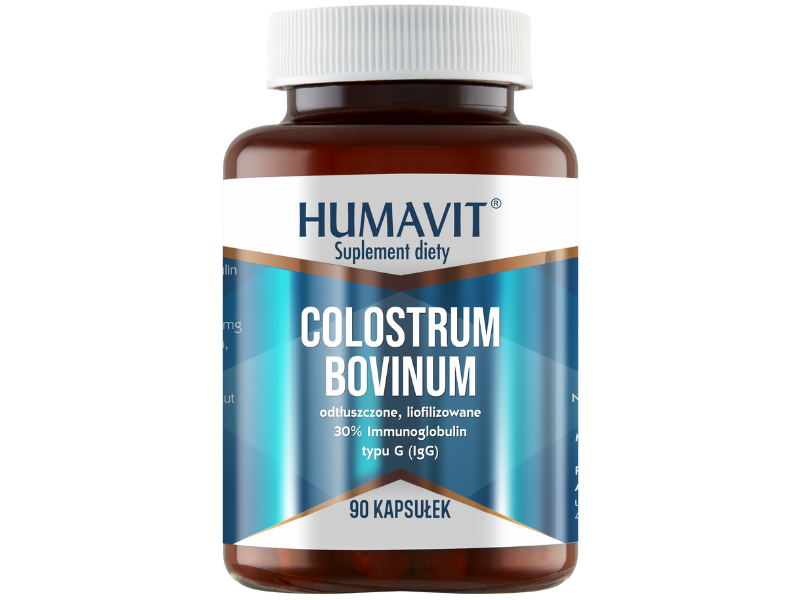 Zdjęcie przedstawia suplement diety HUMAVIT Colostrum Bovinum, kapsułki.