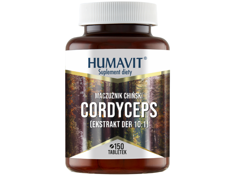 Zdjęcie przedstawia suplement diety HUMAVIT Cordyceps + Drożdże Piwowarskie, tabletki.