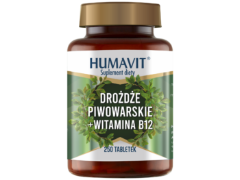 Zdjęcie przedstawia suplement diety HUMAVIT Drożdże Piwowarskie + Witamina B12, tabletki.