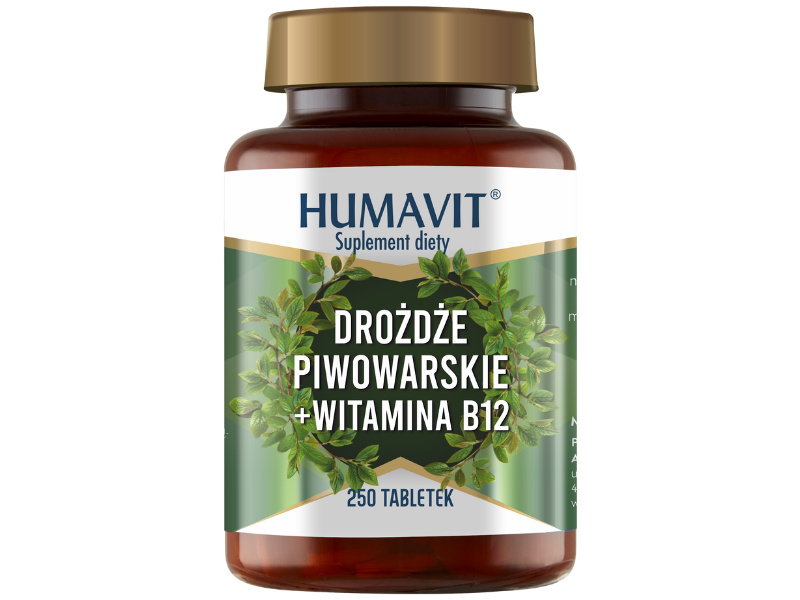 Zdjęcie przedstawia suplement diety HUMAVIT Drożdże Piwowarskie + Witamina B12, tabletki.