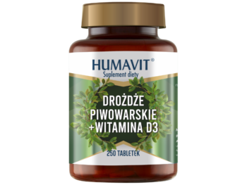Zdjęcie przedstawia suplement diety HUMAVIT Drożdże Piwowarskie + Witamina D3, tabletki.