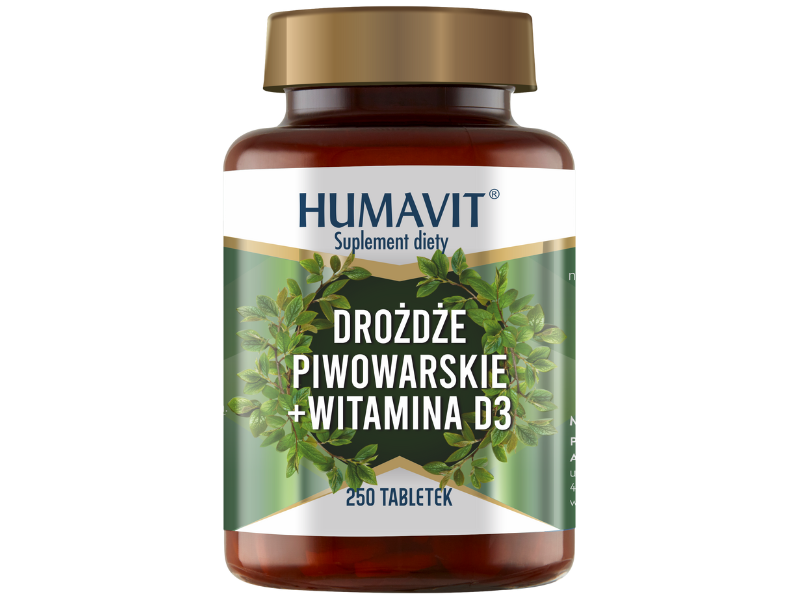 Zdjęcie przedstawia suplement diety HUMAVIT Drożdże Piwowarskie + Witamina D3, tabletki.