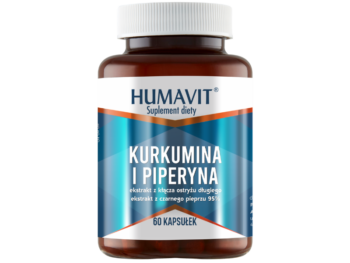 Zdjęcie przedstawia suplement diety HUMAVIT Kurkumina i Piperyna, kapsułki.