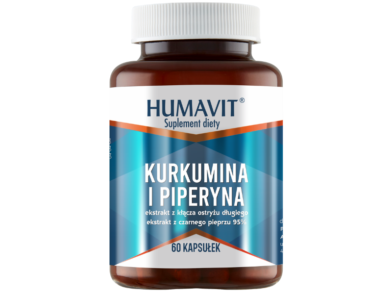 Zdjęcie przedstawia suplement diety HUMAVIT Kurkumina i Piperyna, kapsułki.