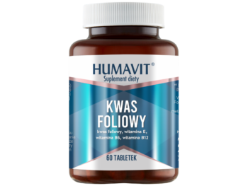 Zdjęcie przedstawia suplement diety HUMAVIT Kwas foliowy + Witaminy B6, B12, E, tabletki.