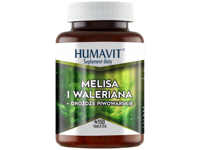 Zdjęcie przedstawia suplement diety HUMAVIT Melisa i Waleriana + Drożdże Piwowarskie, tabletki.