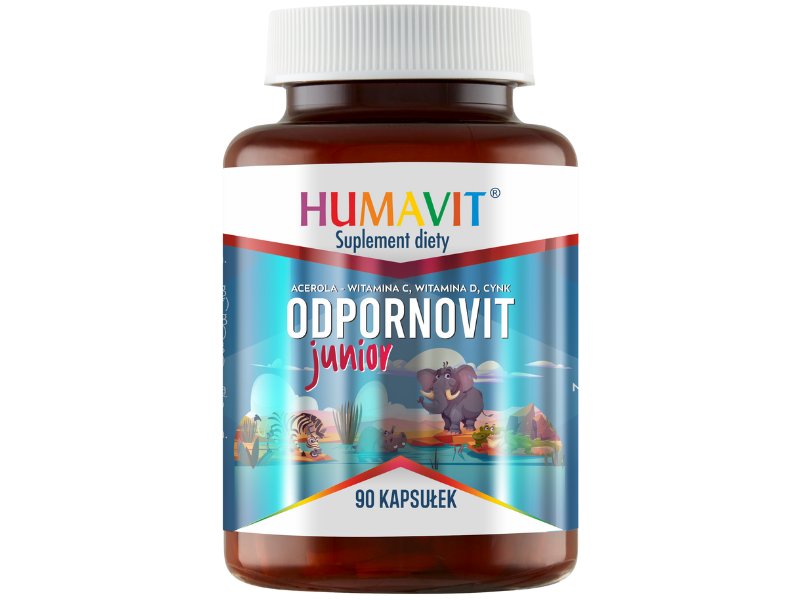 Zdjęcie przedstawia suplement diety HUMAVIT Odpornovit Junior, kapsułki.