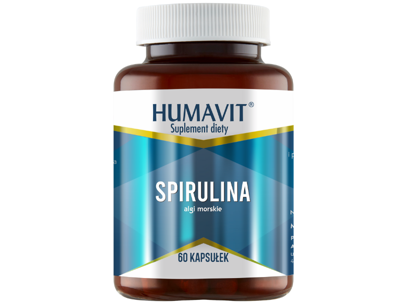 Zdjęcie przedstawia suplement diety HUMAVIT Spirulina, kapsułki.