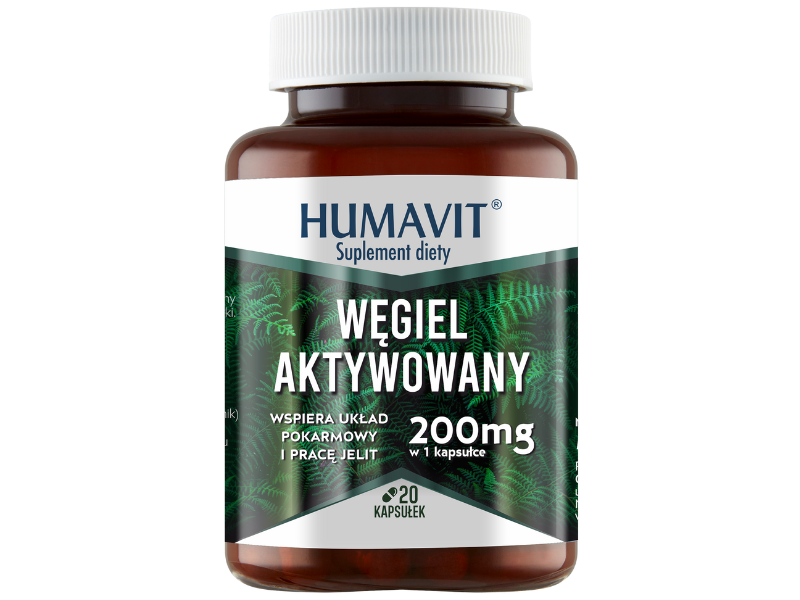 Zdjęcie przedstawia suplement diety HUMAVIT Węgiel Aktywowany, kapsułki.