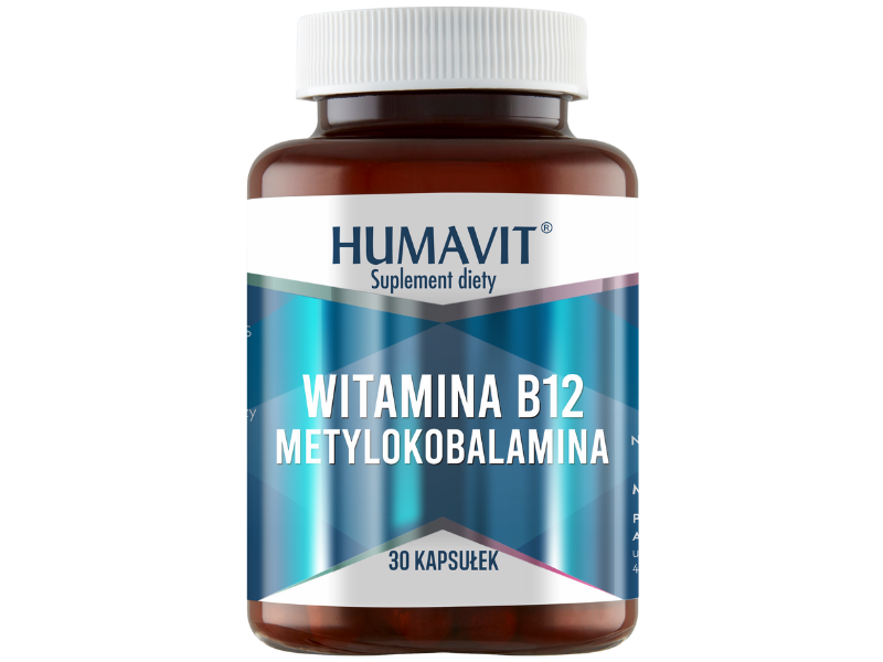 Zdjęcie przedstawia suplement diety HUMAVIT Witamina B12 - Metylokobalamina, kapsułki.