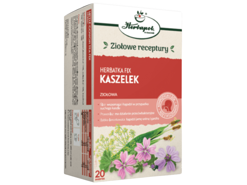 Zdjęcie przedstawia środek spożywczy Herbapol Kraków Herbatka fix Kaszelek, zioła do zaparzania.