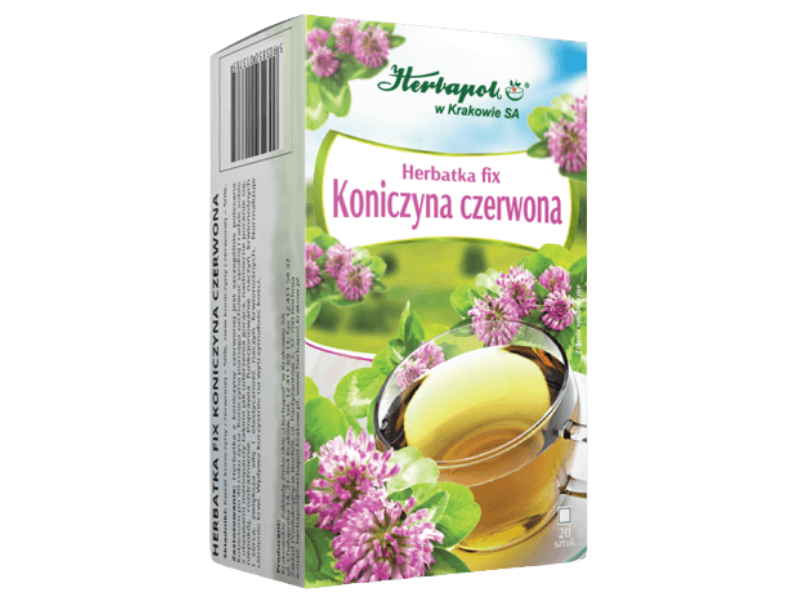 Zdjęcie przedstawia środek spożywczy Herbapol Kraków Herbatka fix Koniczyna czerwona, zioła do zaparzania.